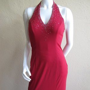 Niki by Niki Livas Red Halter Style Open Back Maxi Gown